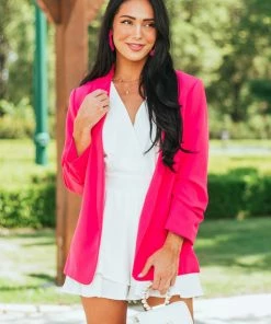 Eesome Hot Pink Gathered Sleeve Blazer With Pockets Outerwear