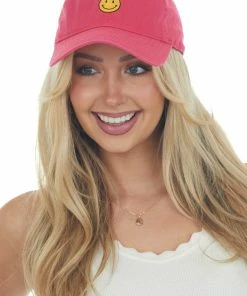 Stitch Lane Accessories Hot Pink Smiley Face Embroidered Baseball Cap