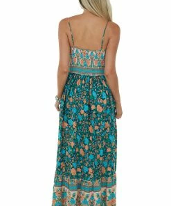 Cotton Bleu Hunter Green Floral Print Smocked Maxi Dress Dresses