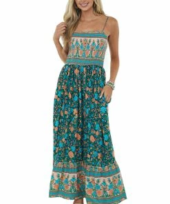 Cotton Bleu Hunter Green Floral Print Smocked Maxi Dress Dresses