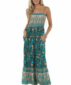 Cotton Bleu Hunter Green Floral Print Smocked Maxi Dress Dresses