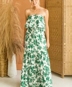 L Love Hunter Green Floral Off Shoulder Overlay Maxi Dress