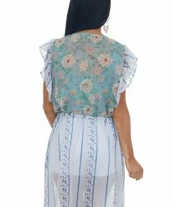 Davi & Dani Tops Ice Blue Printed Short Sleeve Tie Front Kimono