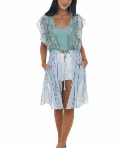 Davi & Dani Tops Ice Blue Printed Short Sleeve Tie Front Kimono