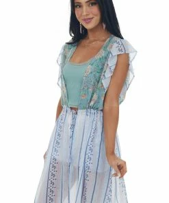 Davi & Dani Tops Ice Blue Printed Short Sleeve Tie Front Kimono