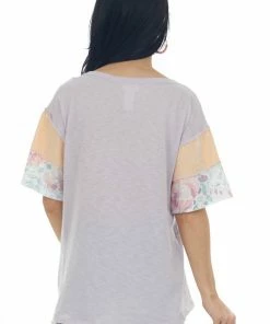 BiBi Iris Floral Colorblock Top With Stitching Trim 12 BiBi Iris Floral Colorblock Top With Stitching Trim
