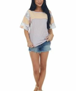 BiBi Iris Floral Colorblock Top With Stitching Trim 9 BiBi Iris Floral Colorblock Top With Stitching Trim
