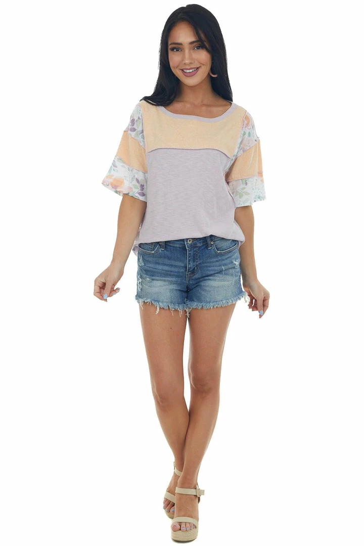BiBi Iris Floral Colorblock Top With Stitching Trim 5 BiBi Iris Floral Colorblock Top With Stitching Trim
