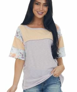 BiBi Iris Floral Colorblock Top With Stitching Trim