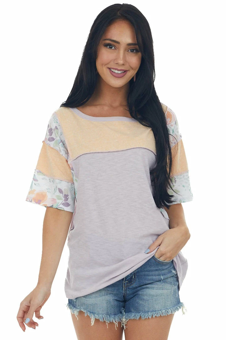 BiBi Iris Floral Colorblock Top With Stitching Trim 3 BiBi Iris Floral Colorblock Top With Stitching Trim
