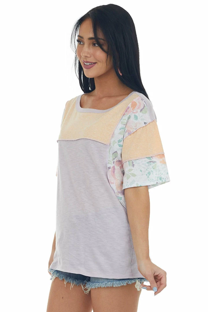 BiBi Iris Floral Colorblock Top With Stitching Trim 6 BiBi Iris Floral Colorblock Top With Stitching Trim