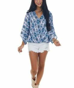 Andree Iris Printed Kimono Sleeve Surplice Neck Blouse