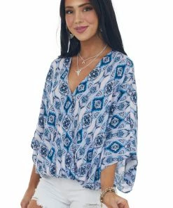 Andree Iris Printed Kimono Sleeve Surplice Neck Blouse