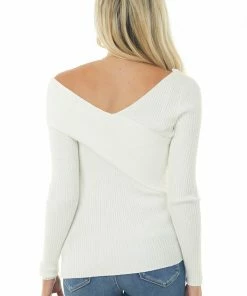 143 Story Tops Ivory Asymmetrical Overlay Ribbed Knit Top