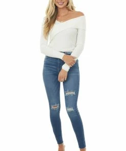 143 Story Tops Ivory Asymmetrical Overlay Ribbed Knit Top