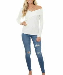 143 Story Tops Ivory Asymmetrical Overlay Ribbed Knit Top