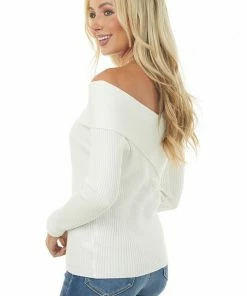 143 Story Tops Ivory Asymmetrical Overlay Ribbed Knit Top