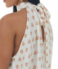 SugarFox Ivory Bohemian Printed Halter Tie Woven Top
