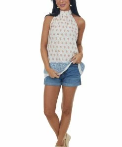 SugarFox Ivory Bohemian Printed Halter Tie Woven Top