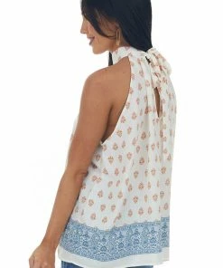 SugarFox Ivory Bohemian Printed Halter Tie Woven Top