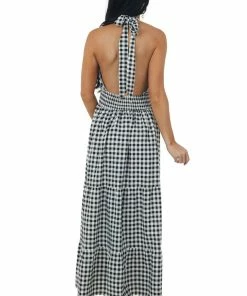 Miss Sparkling Ivory Checker Print Halter Neck Tiered Maxi Dress