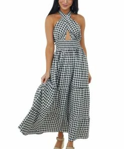 Miss Sparkling Ivory Checker Print Halter Neck Tiered Maxi Dress