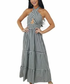 Miss Sparkling Ivory Checker Print Halter Neck Tiered Maxi Dress