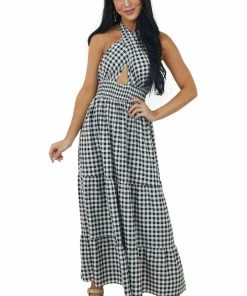Miss Sparkling Ivory Checker Print Halter Neck Tiered Maxi Dress