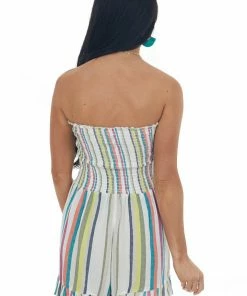 ANGIE Ivory Colorful Stripe Print Strapless Romper