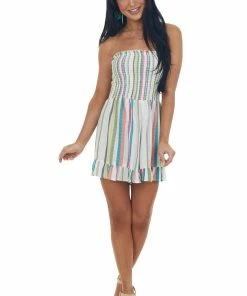 ANGIE Ivory Colorful Stripe Print Strapless Romper