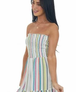 ANGIE Ivory Colorful Stripe Print Strapless Romper