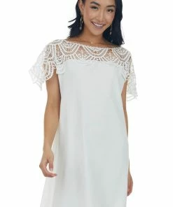 BiBi Dresses Ivory Crochet Lace Yoke Woven Shift Dress