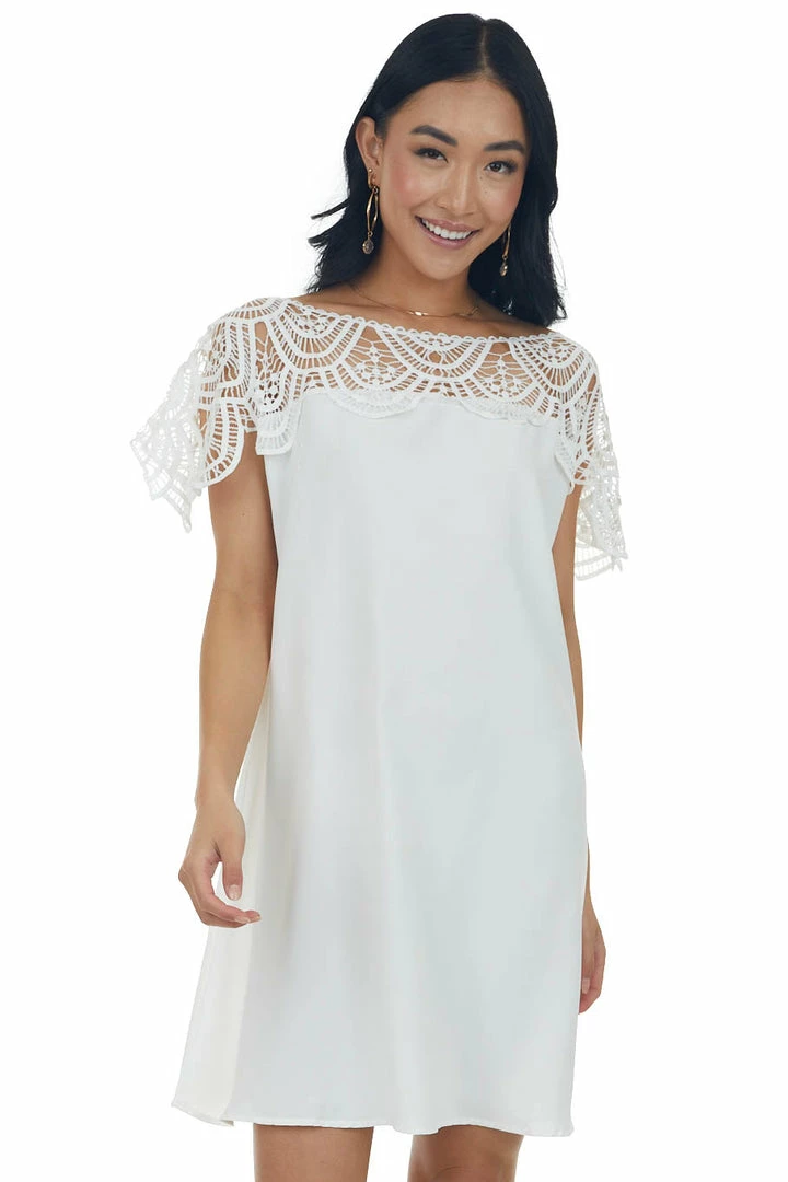 BiBi Dresses Ivory Crochet Lace Yoke Woven Shift Dress 3 BiBi Dresses Ivory Crochet Lace Yoke Woven Shift Dress