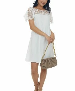 BiBi Dresses Ivory Crochet Lace Yoke Woven Shift Dress