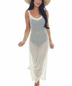 Ces Femme Dresses Ivory Crochet Maxi Dress With Deep Side Slits
