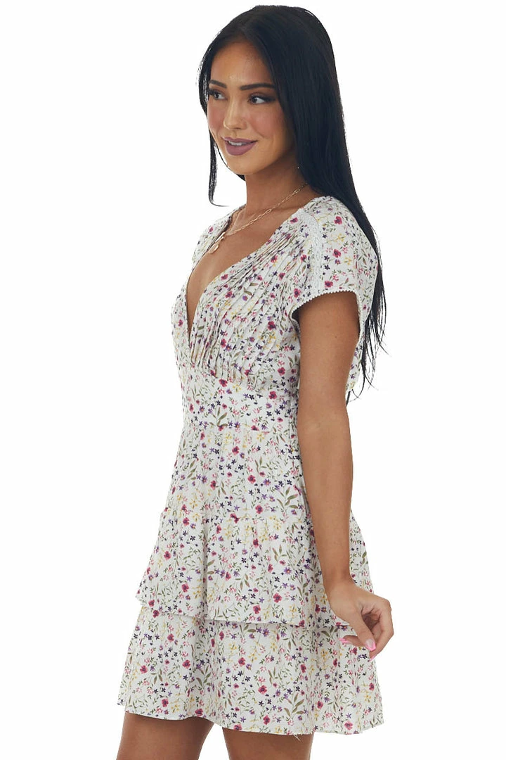 Sweet Lemon Ivory Ditsy Floral Tiered Surplice Mini Dress Dresses 8 Sweet Lemon Ivory Ditsy Floral Tiered Surplice Mini Dress Dresses