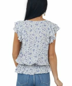 Doe & Rae Tops Ivory Ditsy Floral V Neck Ruffle Sleeve Blouse