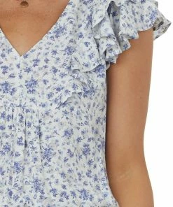 Doe & Rae Tops Ivory Ditsy Floral V Neck Ruffle Sleeve Blouse