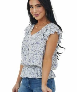 Doe & Rae Tops Ivory Ditsy Floral V Neck Ruffle Sleeve Blouse