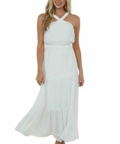 Allie Rose Dresses Ivory Elastic Halter Neck Tiered Maxi Dress