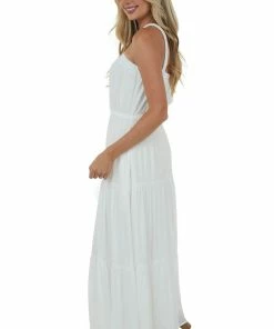 Allie Rose Dresses Ivory Elastic Halter Neck Tiered Maxi Dress