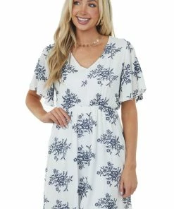 Haptics Dresses Ivory Embroidered Floral Print Short Sleeve Dress