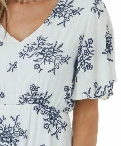 Haptics Dresses Ivory Embroidered Floral Print Short Sleeve Dress