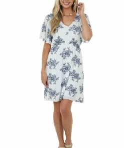 Haptics Dresses Ivory Embroidered Floral Print Short Sleeve Dress