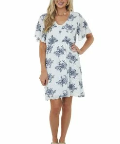 Haptics Dresses Ivory Embroidered Floral Print Short Sleeve Dress