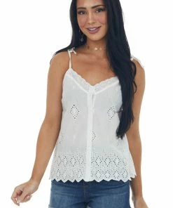 Listicle Ivory Eyelet Lace Button Up Tie Strap Cami Top