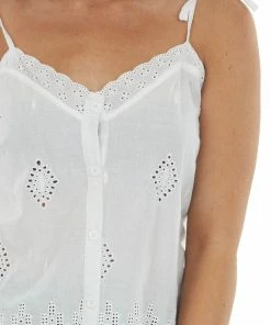 Listicle Ivory Eyelet Lace Button Up Tie Strap Cami Top
