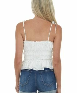 She + Sky Tops Ivory Eyelet Textured Tie Strap Cami 12 She + Sky Tops Ivory Eyelet Textured Tie Strap Cami