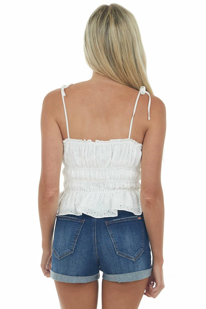 She + Sky Tops Ivory Eyelet Textured Tie Strap Cami 7 She + Sky Tops Ivory Eyelet Textured Tie Strap Cami