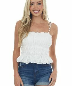 She + Sky Tops Ivory Eyelet Textured Tie Strap Cami